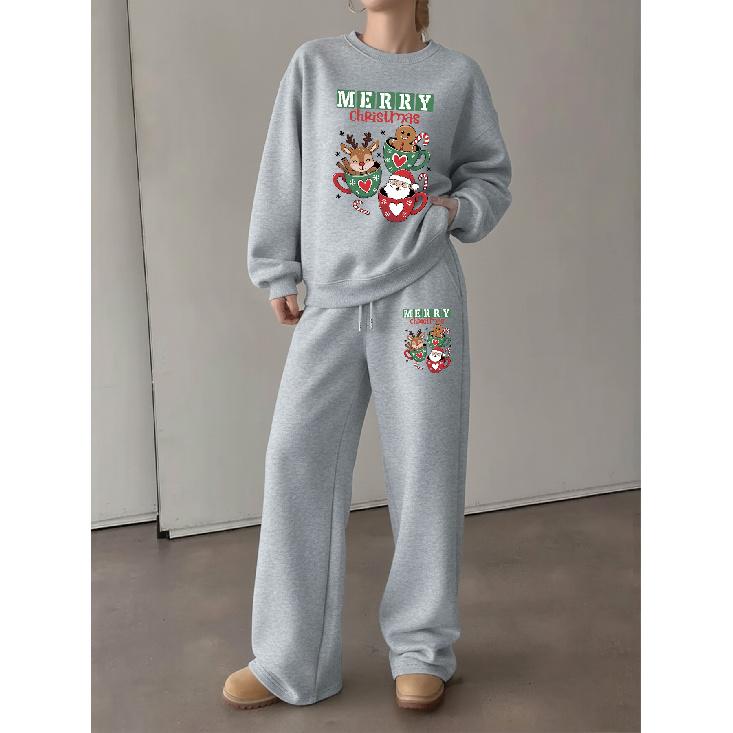 Christmas-Themed Fashion Print Women's Crewneck Pullover & Wide-Leg Pants 2-Piece Set Soft & Chic Christmas Print Long-Sleeve Lounge Set for Women