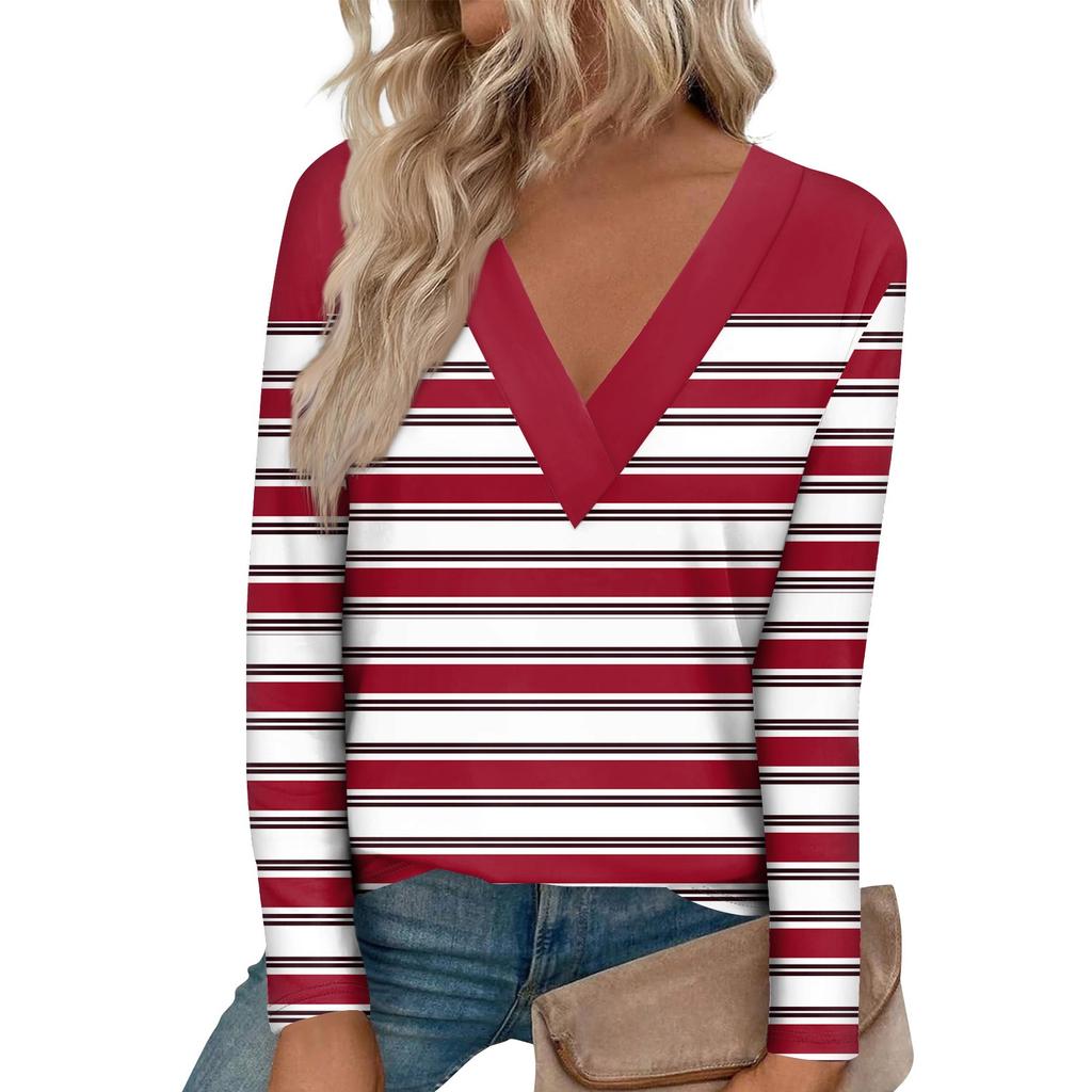 Женская модная футболка с длинными рукавами и большим v-образным вырезом спереди и изогнутым краем с принтом