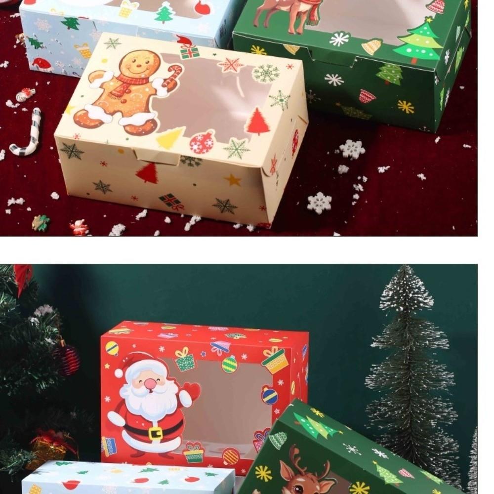 4pcs With Window Christmas Gift Boxes Snowman Design Opening Candy Packaging Bakery Boxes Gingerbread Theme Paper Box