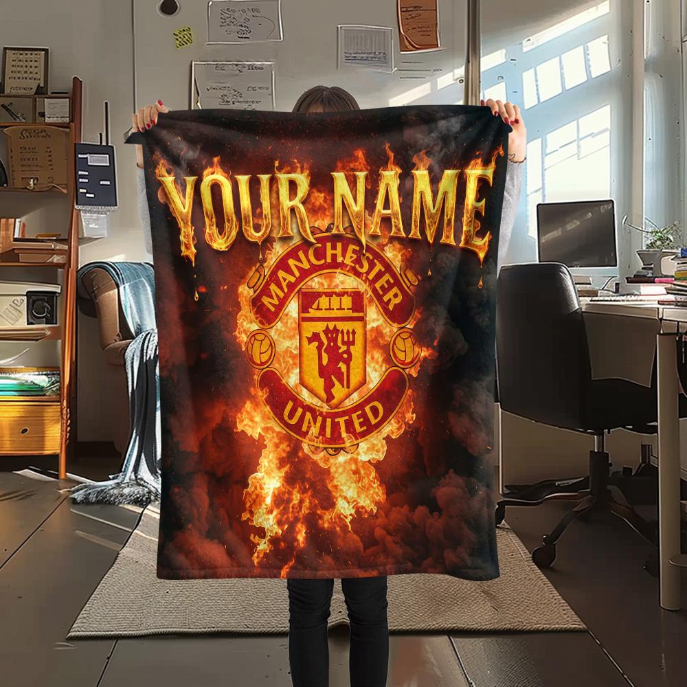 Custom Name Manchester UnitedFlannel Blanket, High quality Comfortable for All Seasons, Home Decor, Warmth and Comfort