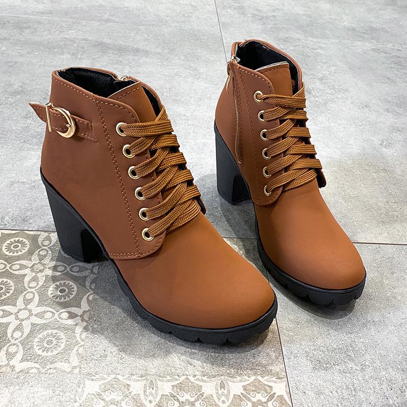 Fashion AJGS Autumn Women's Thick Heeled Ankle Boots Women High Heel Platform Boots Female Snow Lace-Up Fashion Boots Botas