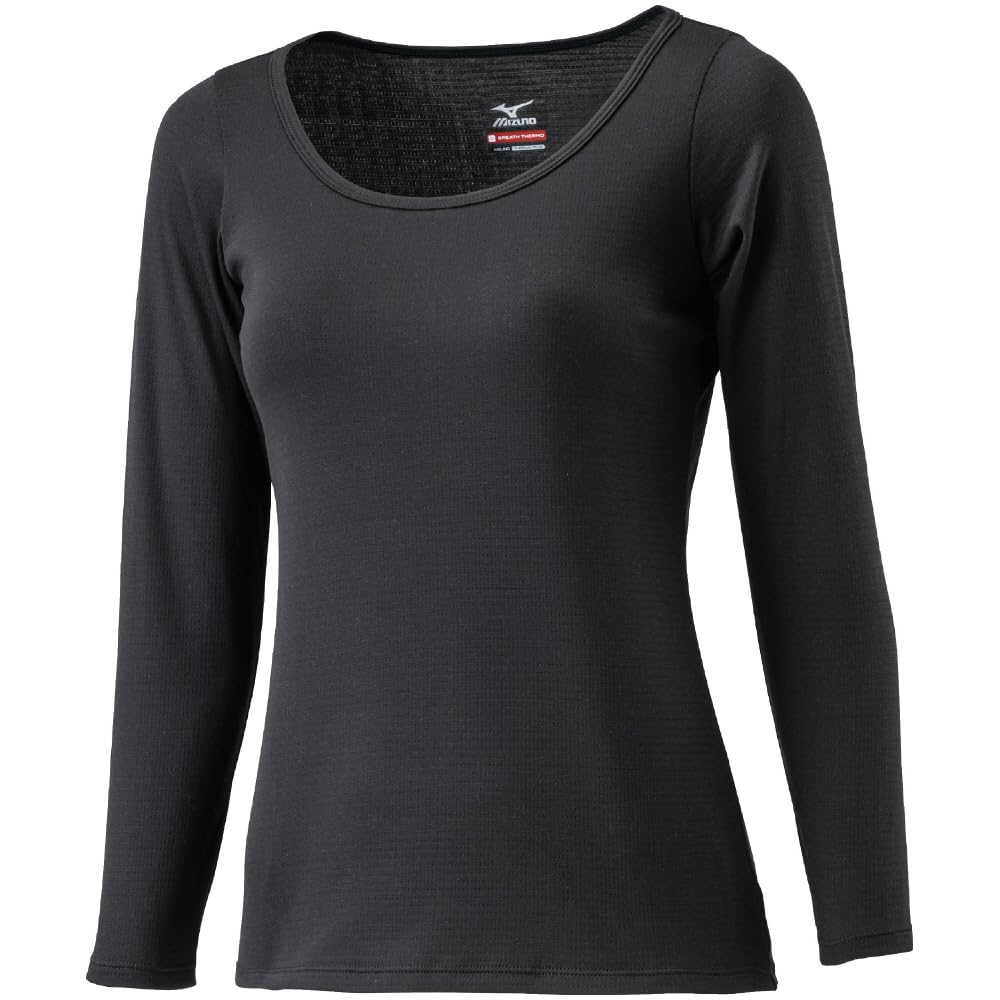 Mizuno Breath Thermo for Daily Round Neck Sleeve Size S Underwear, Heat-Generating Innerwear, Thin, Use, 3/4 Shirt, Women's, Black, (C2JAA811)