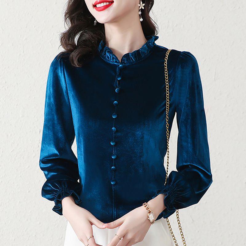 Осень-зима золотые бархатные рубашки женская мода с длинным рукавом сплошной цвет пуловер свободная рубашка