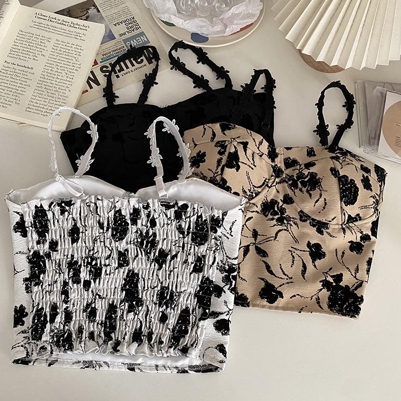 Женские топы без рукавов с цветочным принтом, милый тонкий эластичный топ без рукавов