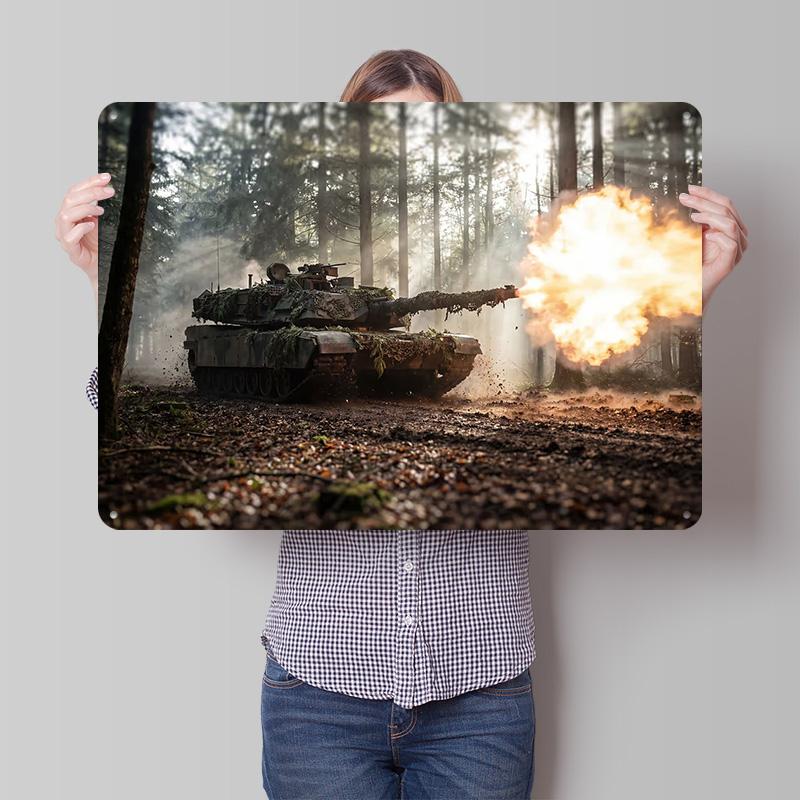 Camouflaged Tank Firing in Forest D Texture Printed Poster Custom Vintage Metal Tin Plate Sign for Wall Art Home Decor Items