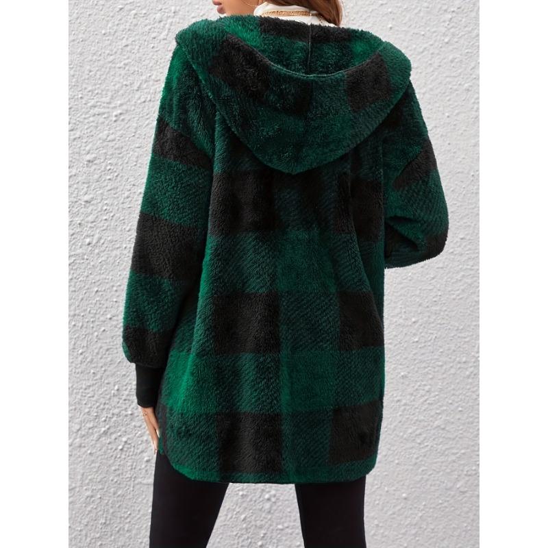 Клетчатый принт с открытым передом, пушистое пальто, повседневное пальто с длинным рукавом и капюшоном для осени и зимы, женская одежда