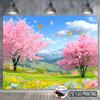 2D Colorful Butterflies and Sakura Trees in a Green Spring Landscape