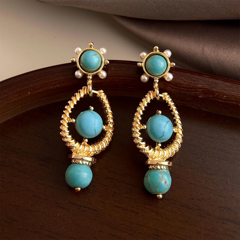 Винтажные Геометрические Серьги с Бирюзой, Жемчугом и Серебряной Иглой - Ретро Высококлассная Роскошь