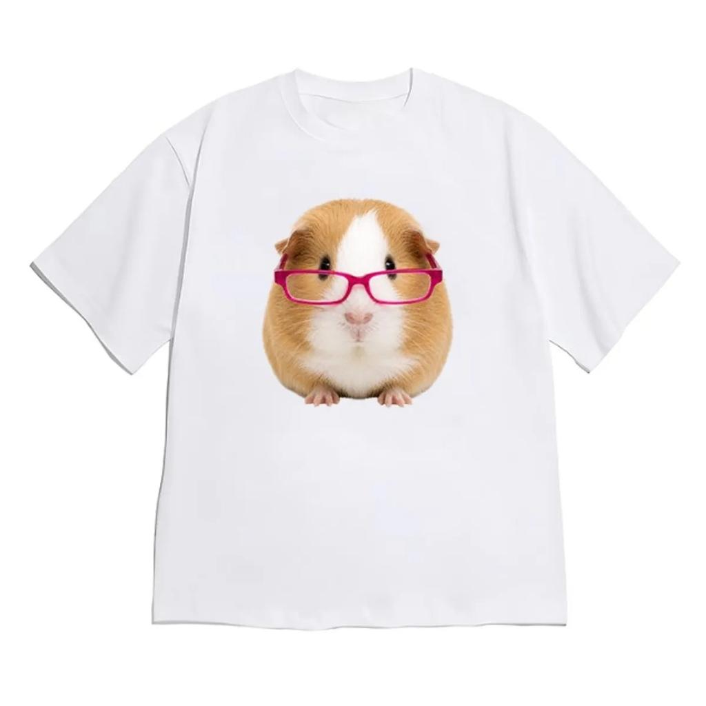 Cute Guinea Pig With Pink Glasses Graphic T Shirt Unisex Loose Oversized Short Sleeve Y2k Harajuku Streetwear Casual Cotton Tee