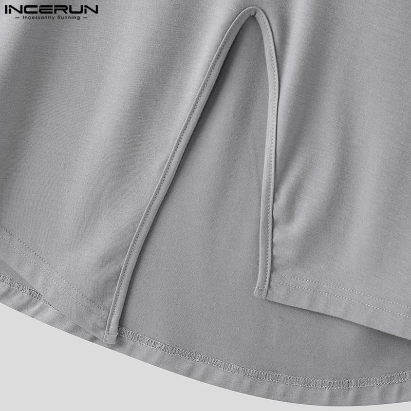 INCERUN Мужские футболки с длинным рукавом и застежкой-молнией, асимметричные, с разрезами, топы