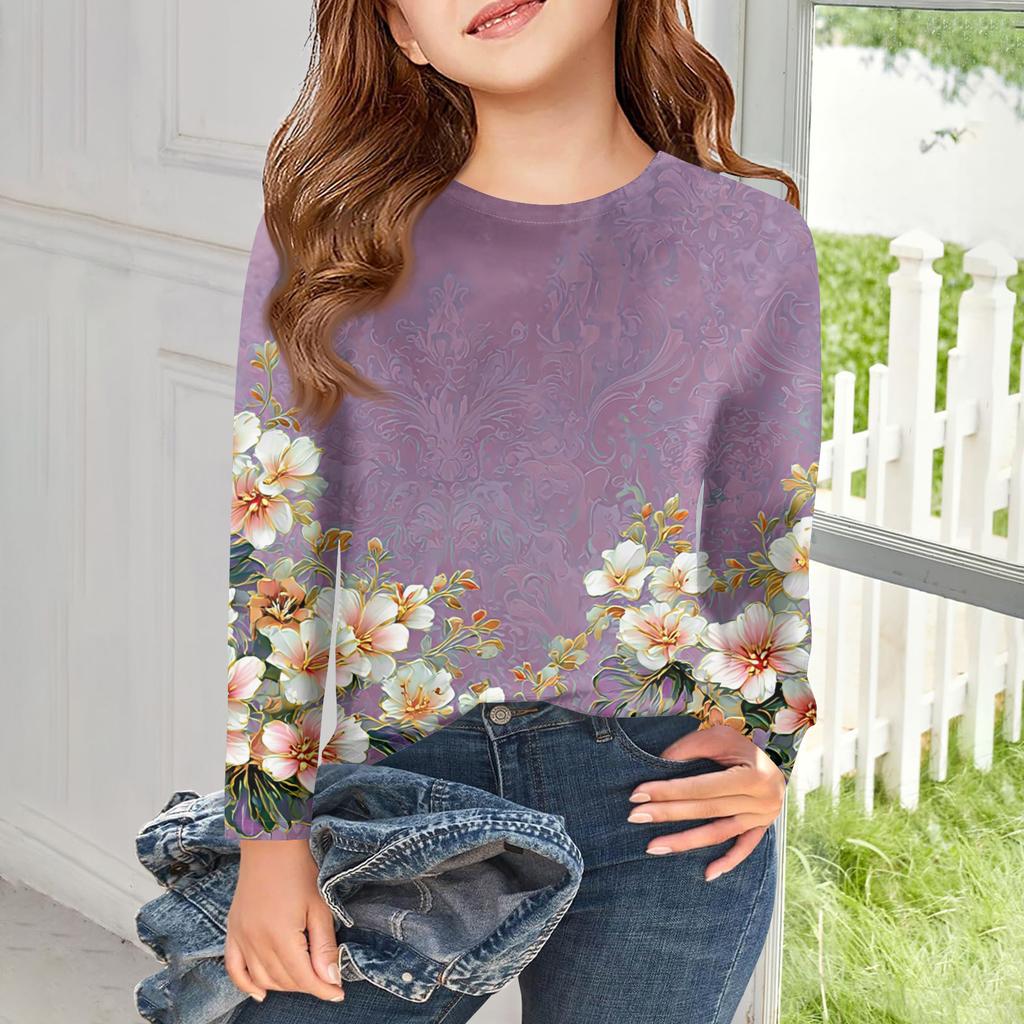 Футболки с длинным рукавом для девочек, детские осенние топы, с круглым вырезом, с принтом, базовые футболки