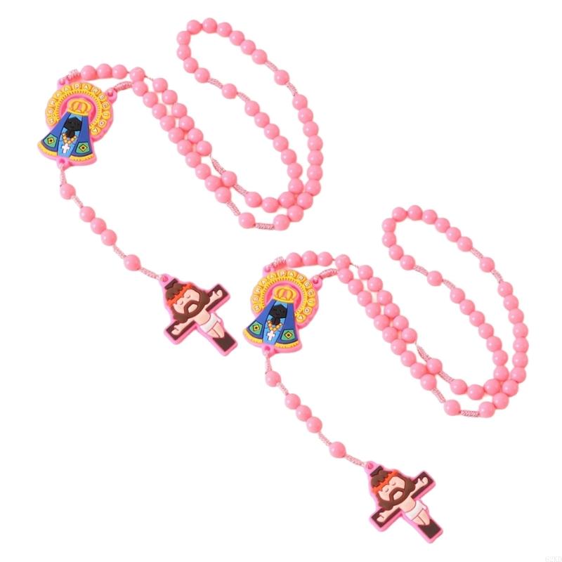 62KD Набор католических детских четок-ожерелий из 2 штук с подвеской в виде креста, акриловые бусины, шейная цепочка для религиозного мероприятия, подарок