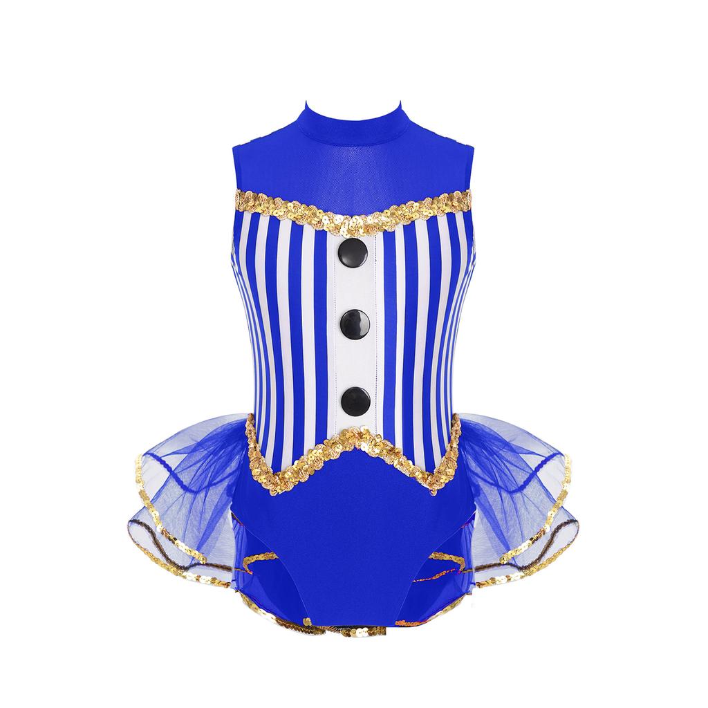 Kids Girls Sparkly Latin Dance Outfit Striped Leotard Mock Neck Open Back Design and Tulle Skirt Performance Wear