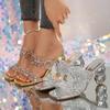 Fashion Brand Design High Heels Gold Silver Glitter Sandals Women Square Toe Plus Size 35-43 Summer Mule Shoes Woman Gladiator Slippers