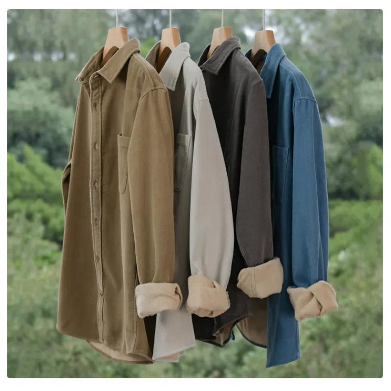 Зимние теплые мужские топы, повседневная повседневная простая мужская одежда, однотонная, с отложным воротником, длинным рукавом, вельветовая флисовая рубашка с карманом