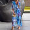 Women's Summer Chiffon Dress Printed Short Sleeve V Neck Flowy Maxi Dress Loose Layered Ruffle Lace-Up Long Dress