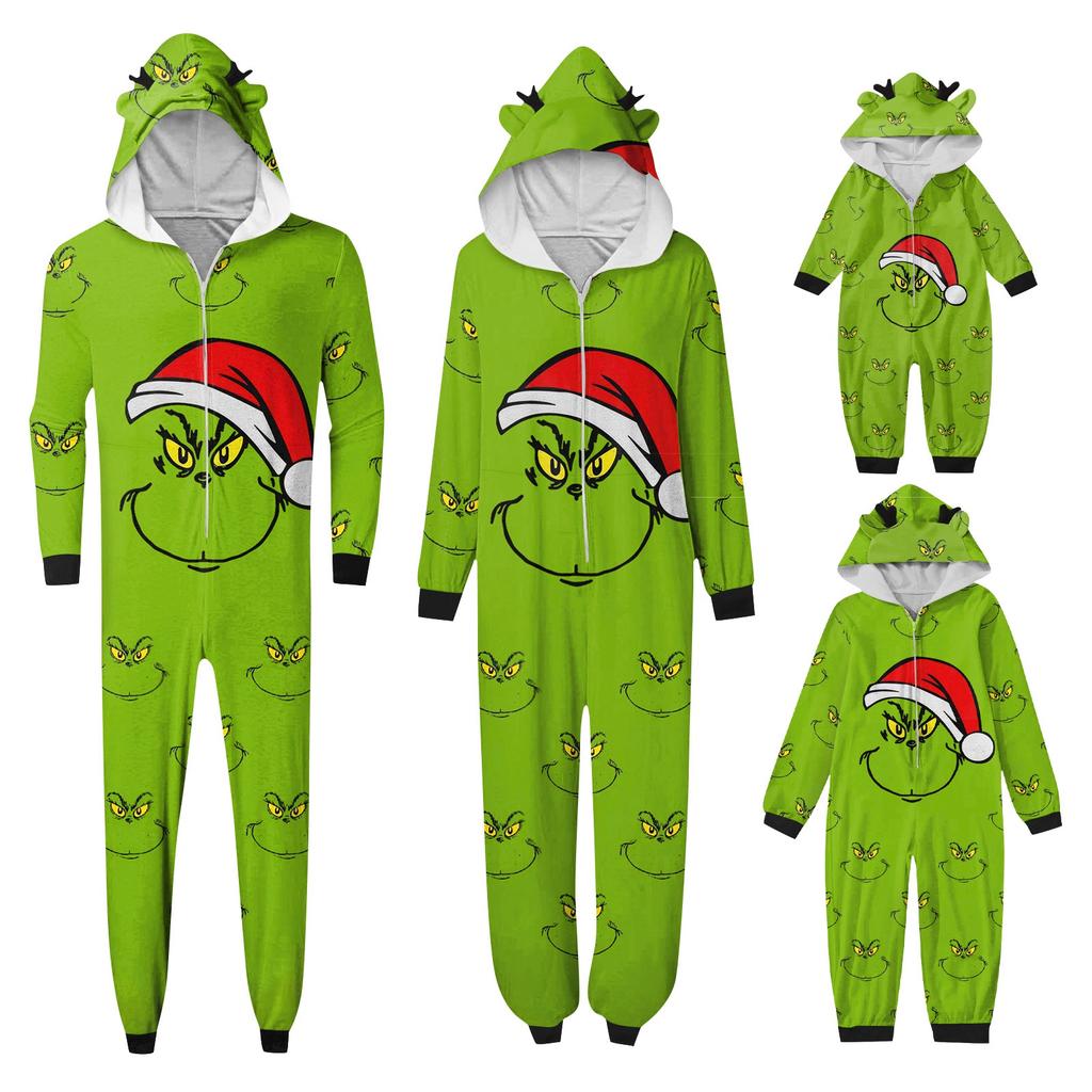 Christmas Print Family Matching Hooded Long Sleeved Zippered Jumpsuit Set