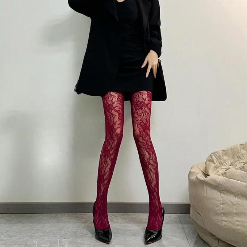 Flower Fishnet Stockings Thin Hollowed-out Lace Tights Red Black Blue Pink White Pantyhose