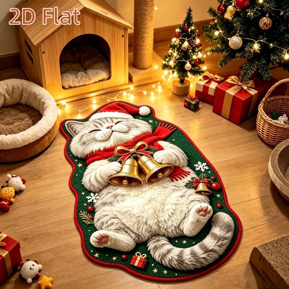 Plush Sleeping Cat Floor Mat Red and Green Cartoon Doormat Carpet Entryway Decor