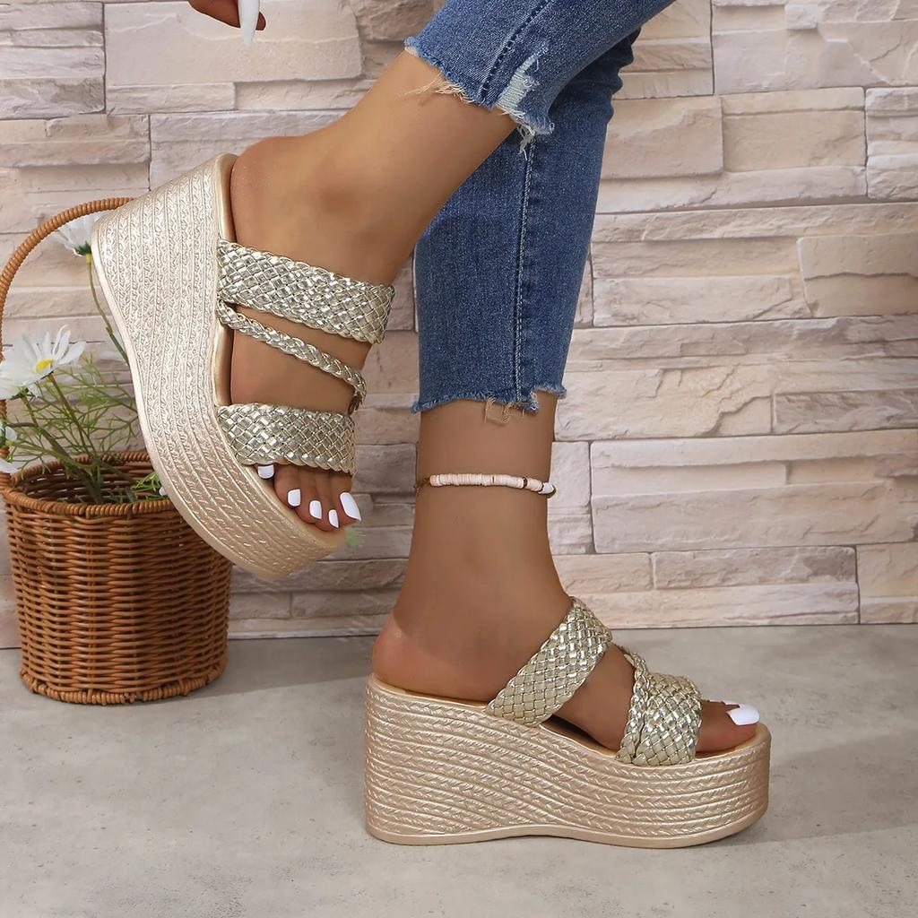 Fashion Hot - Selling Chunky Wedge Sandals | Gold Braided Straps Slides for Daily & Vacation Looks