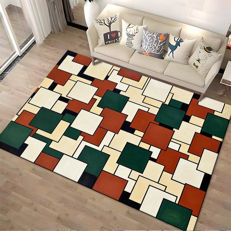 Modern Geometric Pattern Carpet with Red, Green, White Squares Design Suitable for use as an anti-slip for living room bedroom sofas