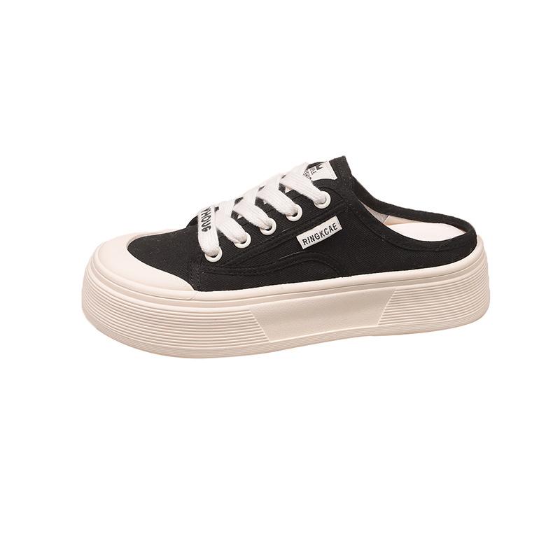 Туфли-лодочки на толстой подошве с закрытым носком и полушлепанцы для женской летней обуви 2025 супер горячие новые маленькие белые туфли, ретро ленивые туфли на одной педали для беременных