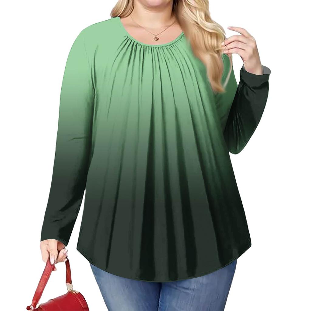 Женский модный топ большого размера с принтом, повседневный плиссированный, с круглым вырезом и длинными рукавами
