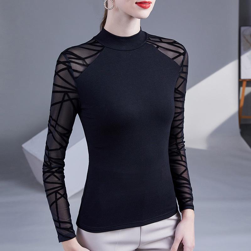 Women's Spring Half-high Neck Long-sleeved Slim Bottoming Shirt Temperament Elegant Splicing Tops