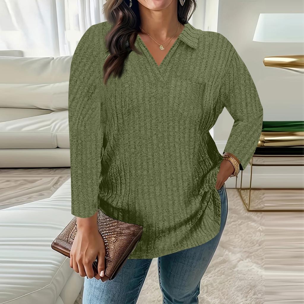 Women's Fashion Casual V-Neck Long Sleeve T-Shirt Solid Color Pullover Top