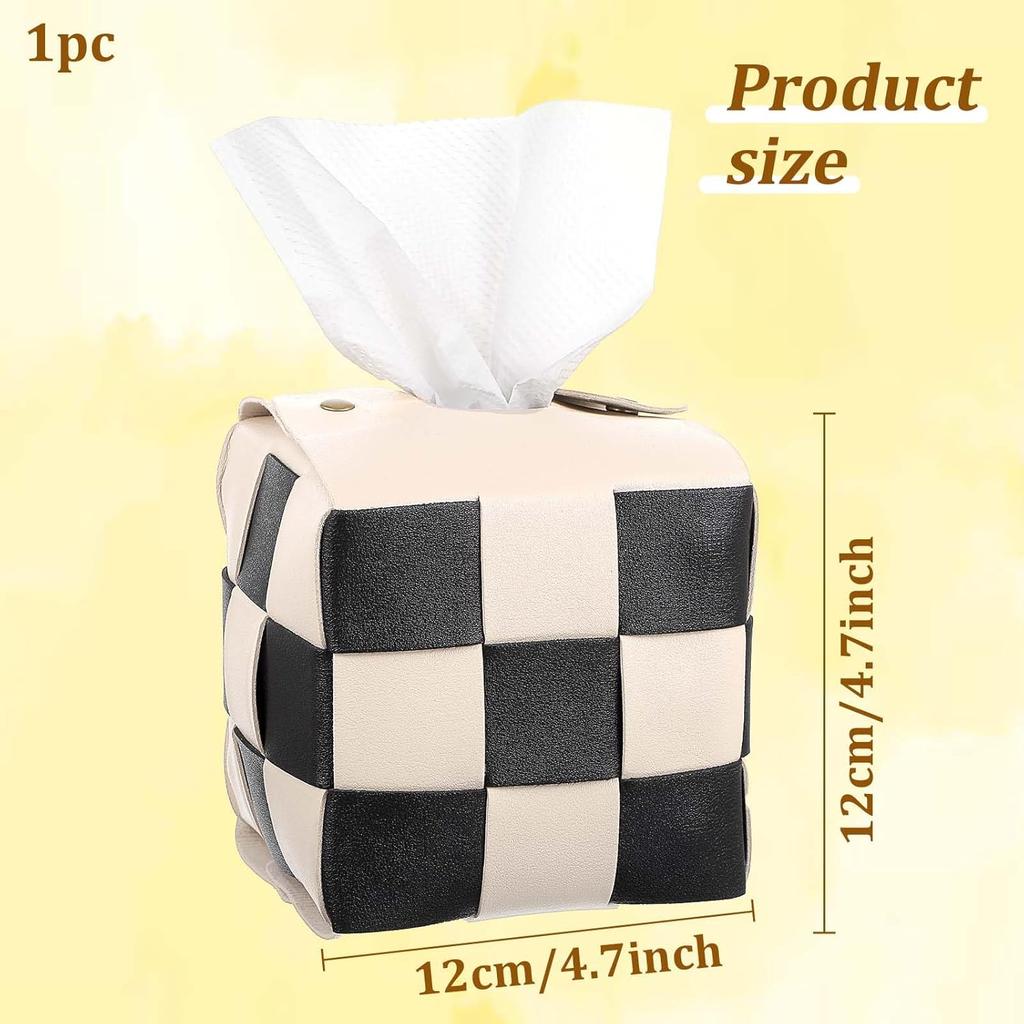 Checkered Tissue Box Cover Square, PU Leather Table Tissue Box Holder Boho Black and Beige Decorative Organizer with Metal Buckle for Vanity