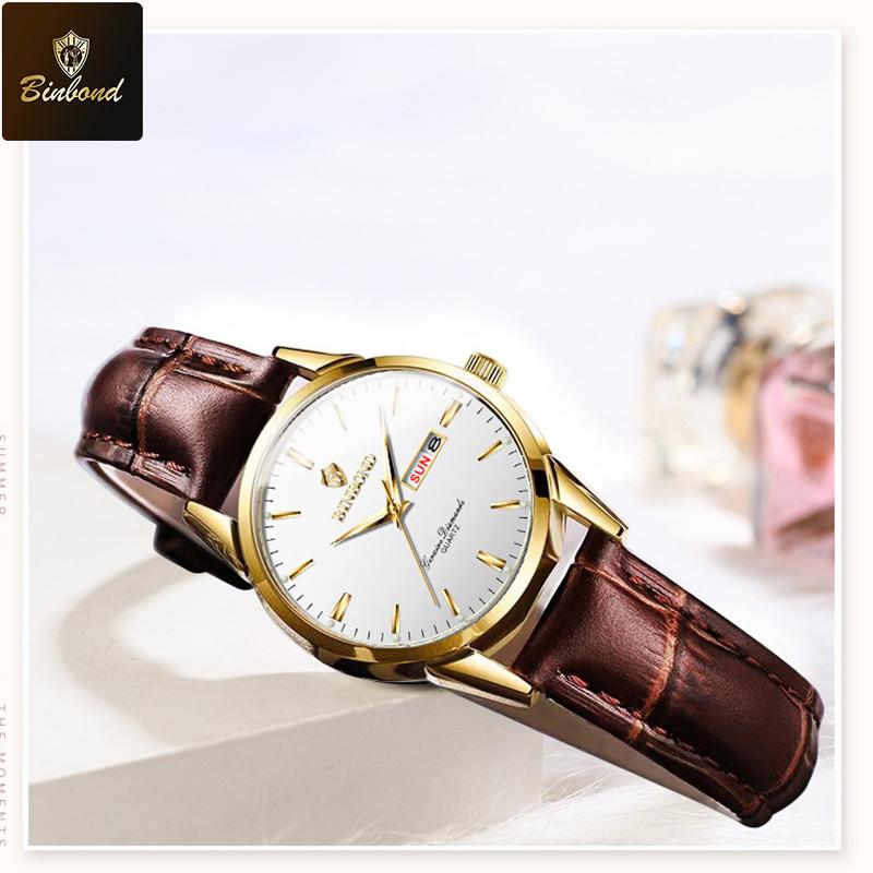 BINBOND Fashion Watch for Women Luxury Women Quartz Watch Breathable Leather Strap Waterproof Business Casual Women Watch