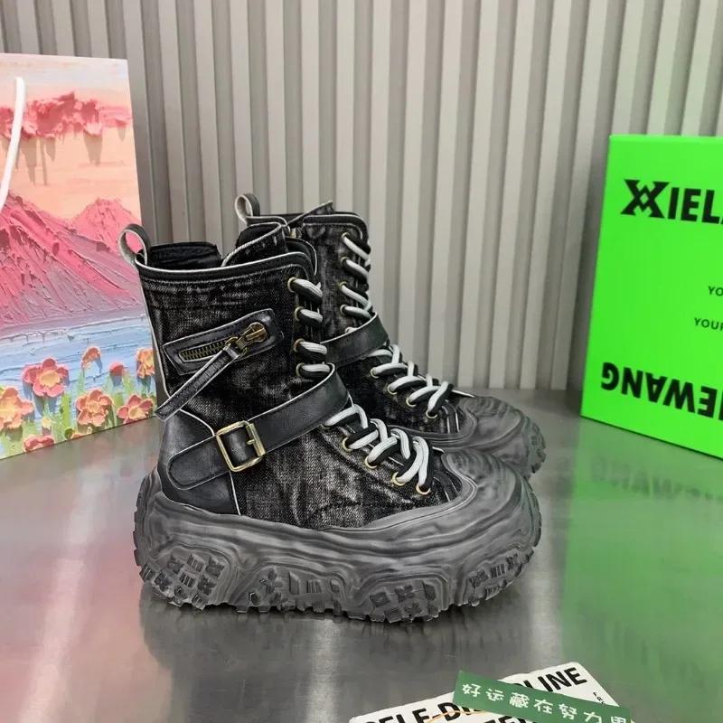 Платформа Высокий каблук Женская обувь Ковбойские мотоциклетные ботильоны Зимние ботинки для снега Челси 2025 Трендовый дизайнер джинсовые ботинки женские