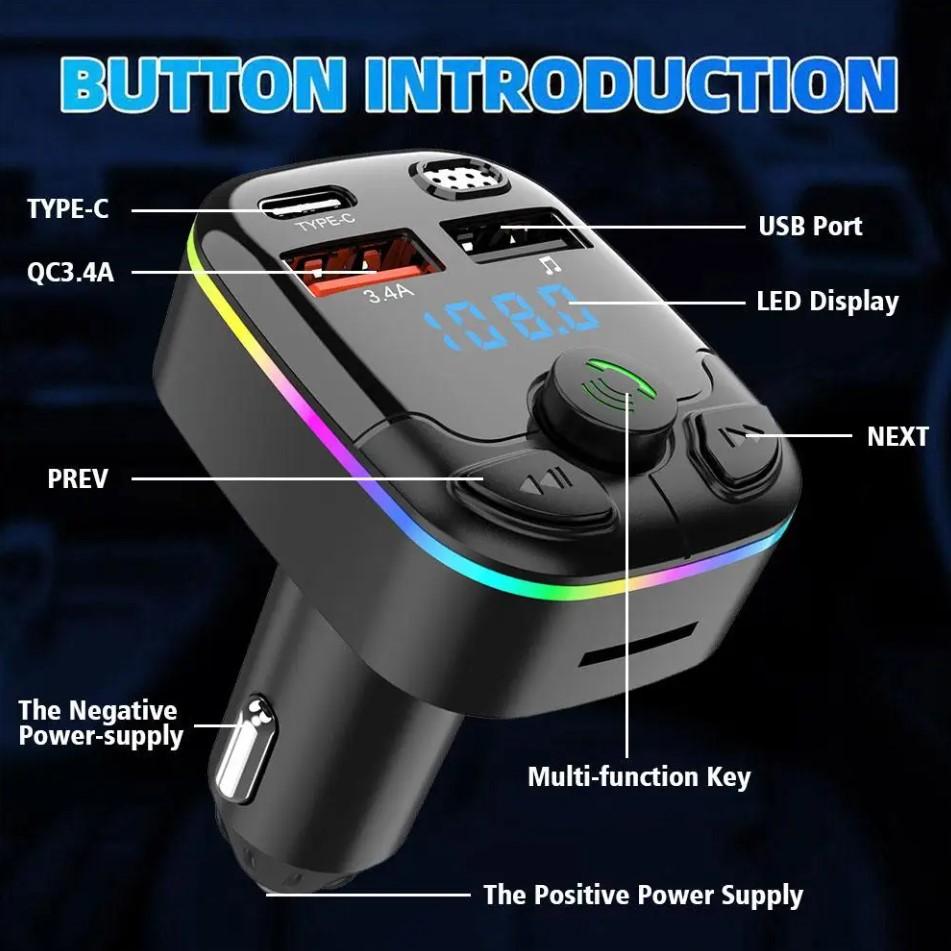 Bluetooth 5.0 Car FM Transmitter PD Type-C Dual USB Ambient Player Car MP3 Charger Type-C Wireless Light 18W Handsfree PD QC3.0