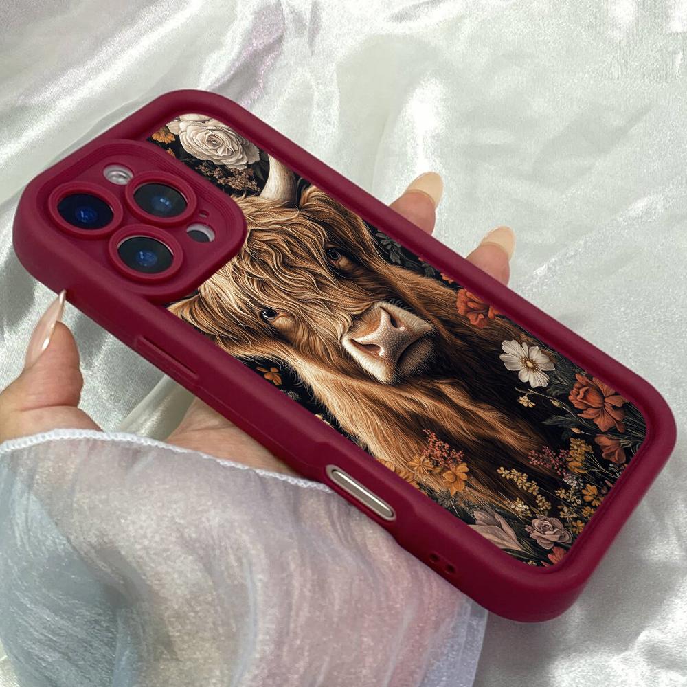 JT560 Винтажный рисунок шотландской коровы с цветами для iPhone 17 16 15 14 13 Pro Max Samsung S26 S25 Ultra A17 A07 A56 A16 Xiaomi 15T Redmi 15c 14 Мягкий чехол