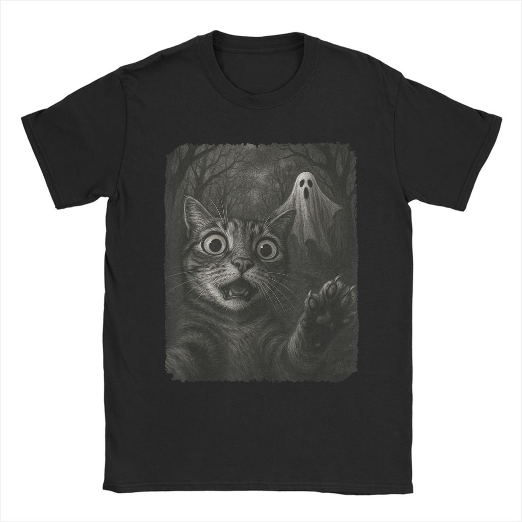 Men T-Shirt Cat Selfie with Spooky Ghost Funny 100% Cotton Tee Short Sleeve Funny Halloween T Shirts Round Neck Clothes Graphic