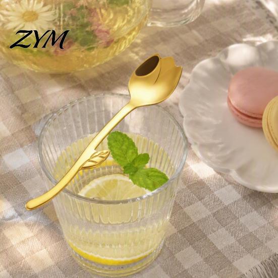 Kitchen Flatware Tulip Shaped Stainless Steel Spoon, Long Handle Coffee Ice Cream Afternoon Tea Utensil Dessert Serving Spoon with Hanging Hook,