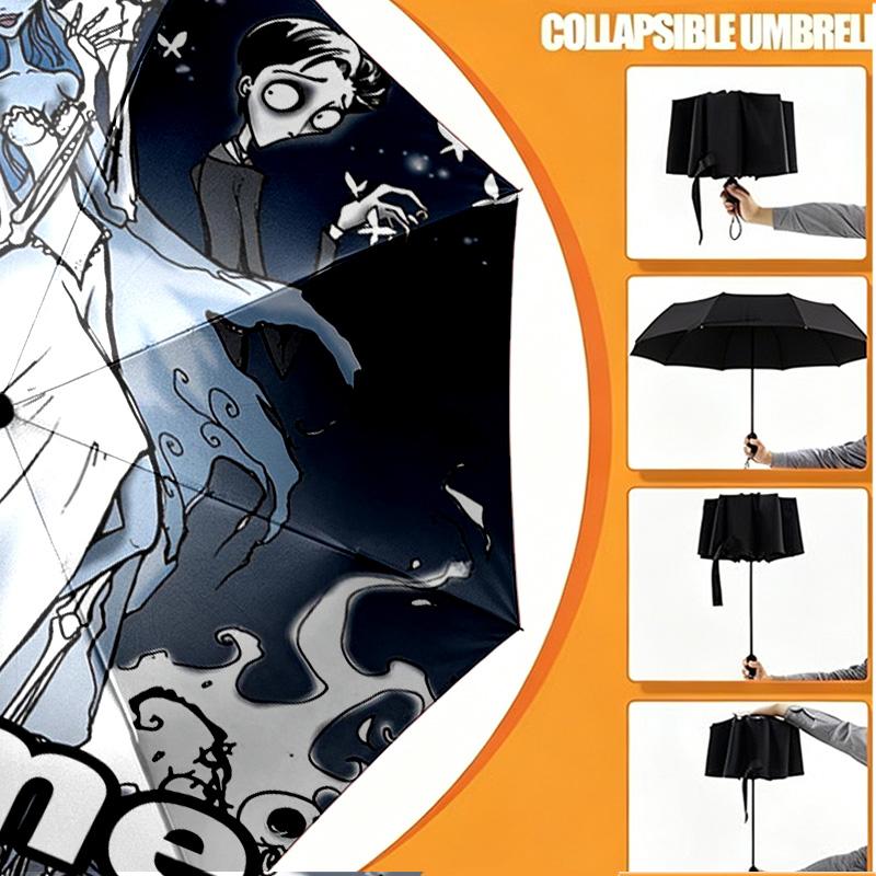 Custom Name Personalized Corpse Bride Print Umbrella, Auto Open Close, 8‑Rib Sturdy Frame, Commute Camping Hiking Use, Birthday Gift