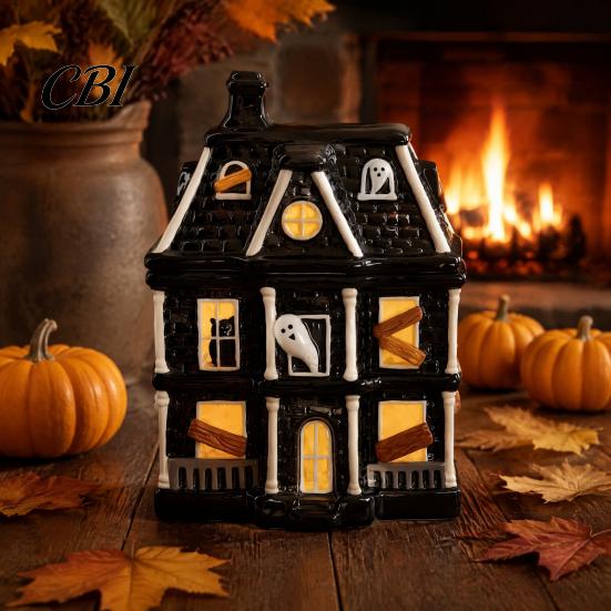 Festive Party Supplies Haunted House Candy Jar with Lid, Synthetic Resin Halloween Storage Container, 3D Relief Craftsmanship Box for Cookies Jewelry