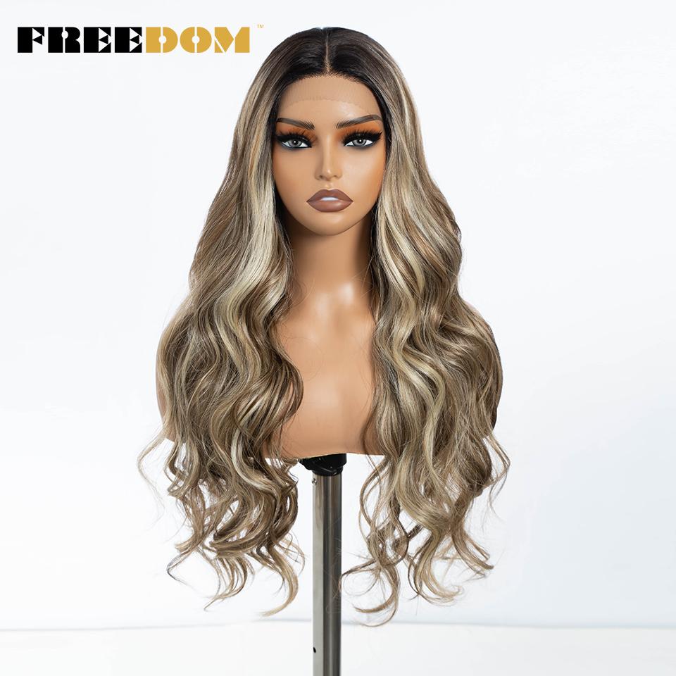 FREEDOM Synthetic Lace Front Wigs For Women Long Wavy 30" Body Wavy Long T Part Lace Wig Ombre Blonde Ginger Blue Cosplay Wig