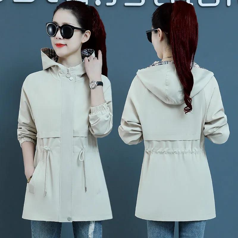 Женская куртка-тренчкот корейская весна-осень свободные длинные рукава короткие пальто женская ветровка с капюшоном верхняя одежда топы