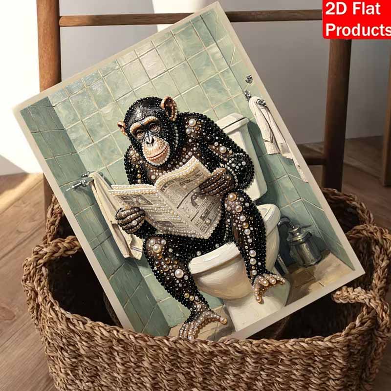 Pearl Painting Kit 5D/DIY Pearl Mosaic Inlaid Monkey Reading Newspaper Home Wall Decoration Art