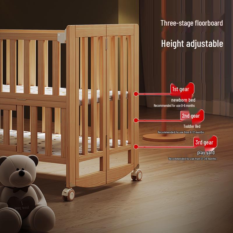 Movable Solid Wood Foldable Baby Crib, Unpainted, Multifunctional Newborn Bed
