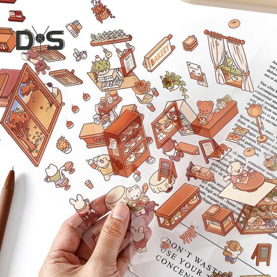 4 Set 3D DIY House Scene Stickers Stress Relief Decals Supermarket Coffee Shop Bookstore Sun Room Library Tear-resistant Surface Stickers