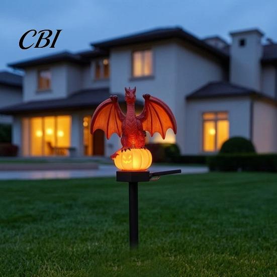 Gothic Style Patio Accessory Solar Powered Dragon/Bat Pumpkin Statue Garden Light, Decorative Stake Lamp, Hand Painted Gold Flame Dragon Lantern