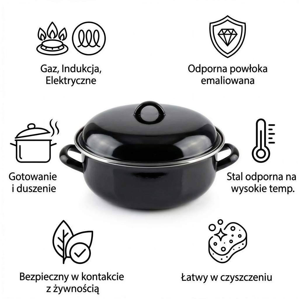 ENAMELLED POT 4.5L STEEL BLACK 28cm FOR GAS AND ELECTRIC COOKERS