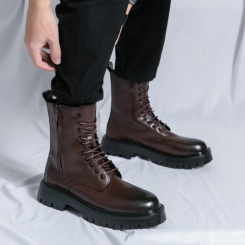 Men PU Solid Color Thick Soled Round Toe High Top Lace Up Motorcycle Cowboy Boots Fashionable Comfortable Men Boots