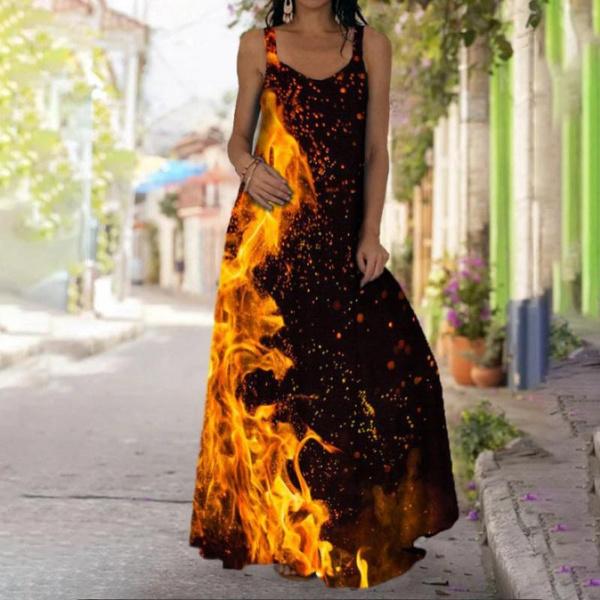 Women's Dresses Fashion Lightweight Sleeveless Party Long Dresses Loose Spaghetti Strap Tie Dye 3D Printed Maxi Dresses Casual V Neck Swing Dress