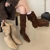 Замшевые полусапоги на толстом каблуке Женские сапоги 2025 Осень и зима Ретро Западные ковбойские сапоги с юбкой Узкие сапоги Короткие сапоги