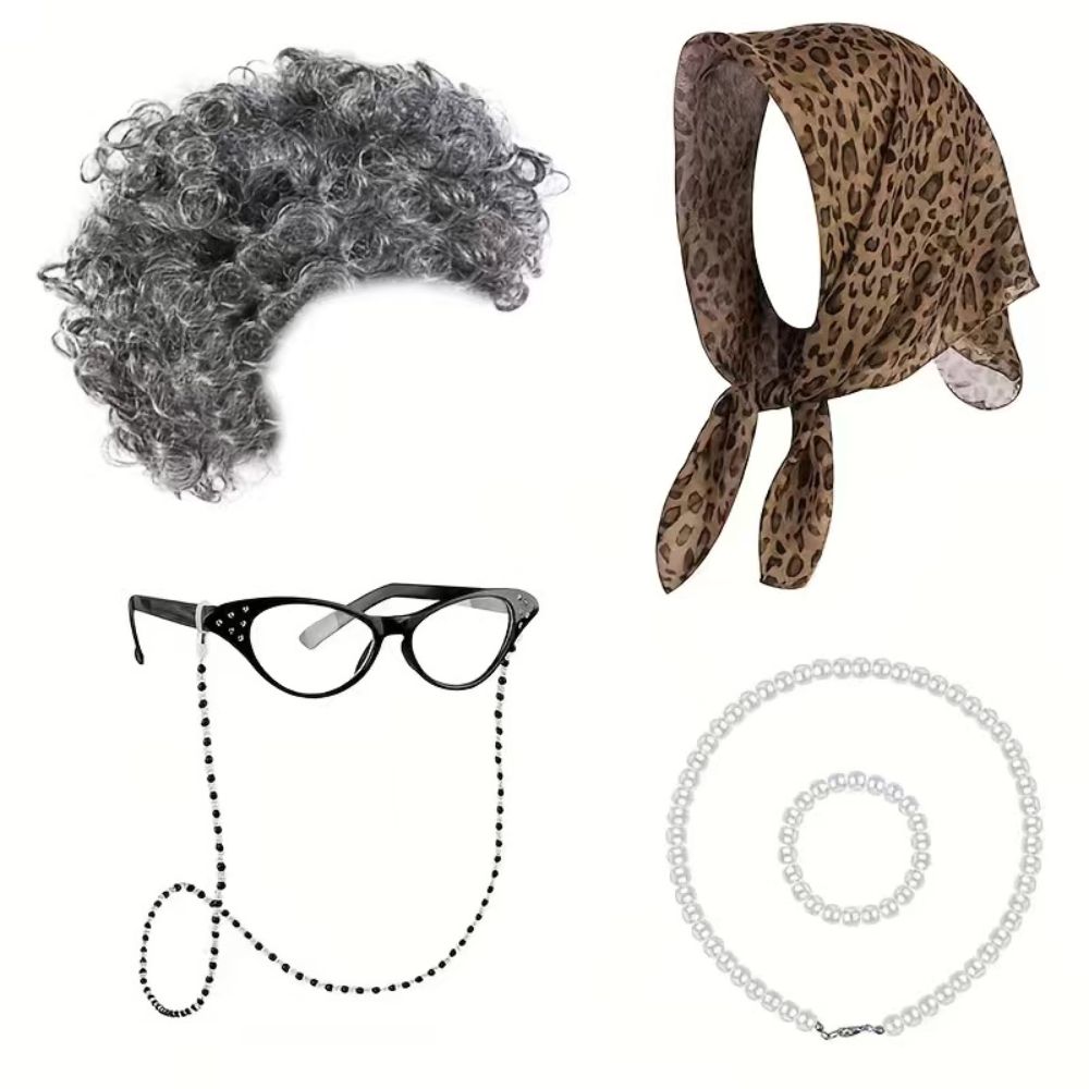5pcs Pearl Necklace Bracelet Cosplay Grandmother Hairpiece Old Lady Funny Wigs Set Themed Gathering