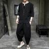 2Pcs/Set Chinese Style Outfit O-Neck Disc Half Placket Tops 45355 Sleeve Buckle Long Bloomers Set Solid Color Men Outfit